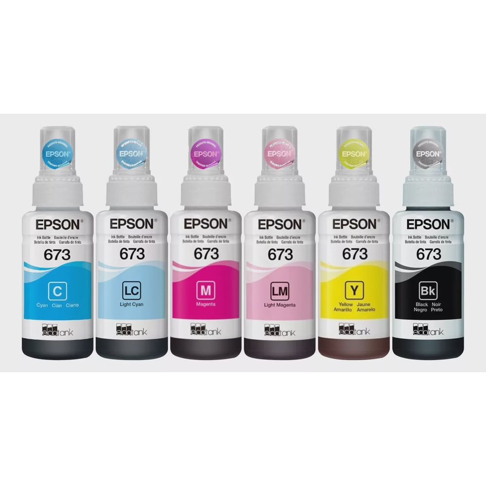 Kit 6 refil de tinta epson T673 black + cyan + yellow + mag. + cyan light + mag light