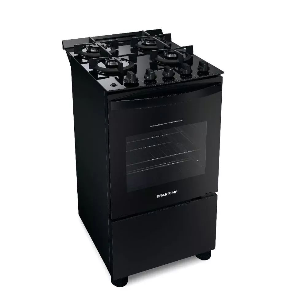 Fogão Brastemp 4 Bocas Preto com Mesa de Vidro e Grades Duplas de Ferro Fundido BFO4VAE - Bivolt