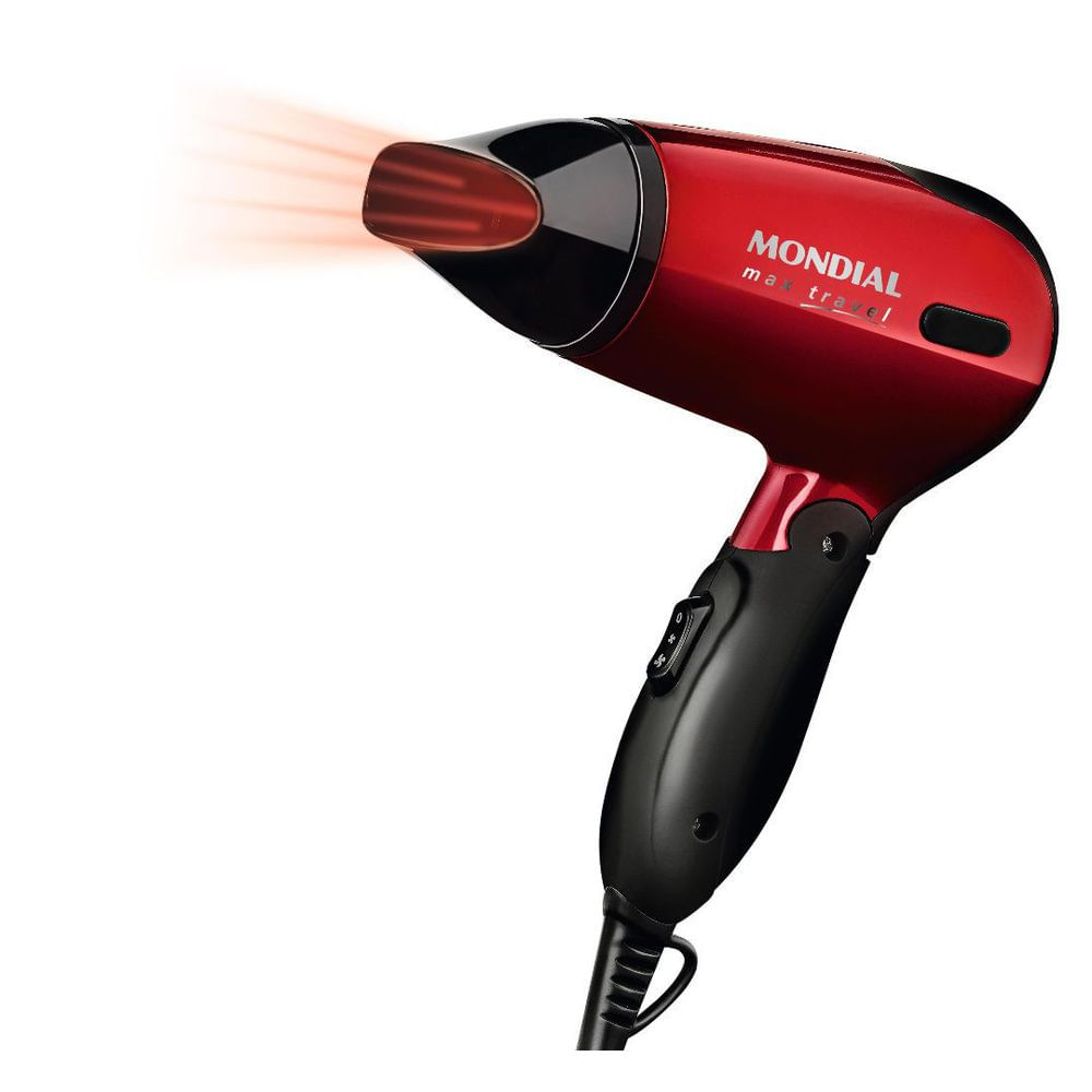 Secador de Cabelo Mondial 1200W Preto/Vermelho Bivolt Portátil Cabo Dobrável 2 Velocidades