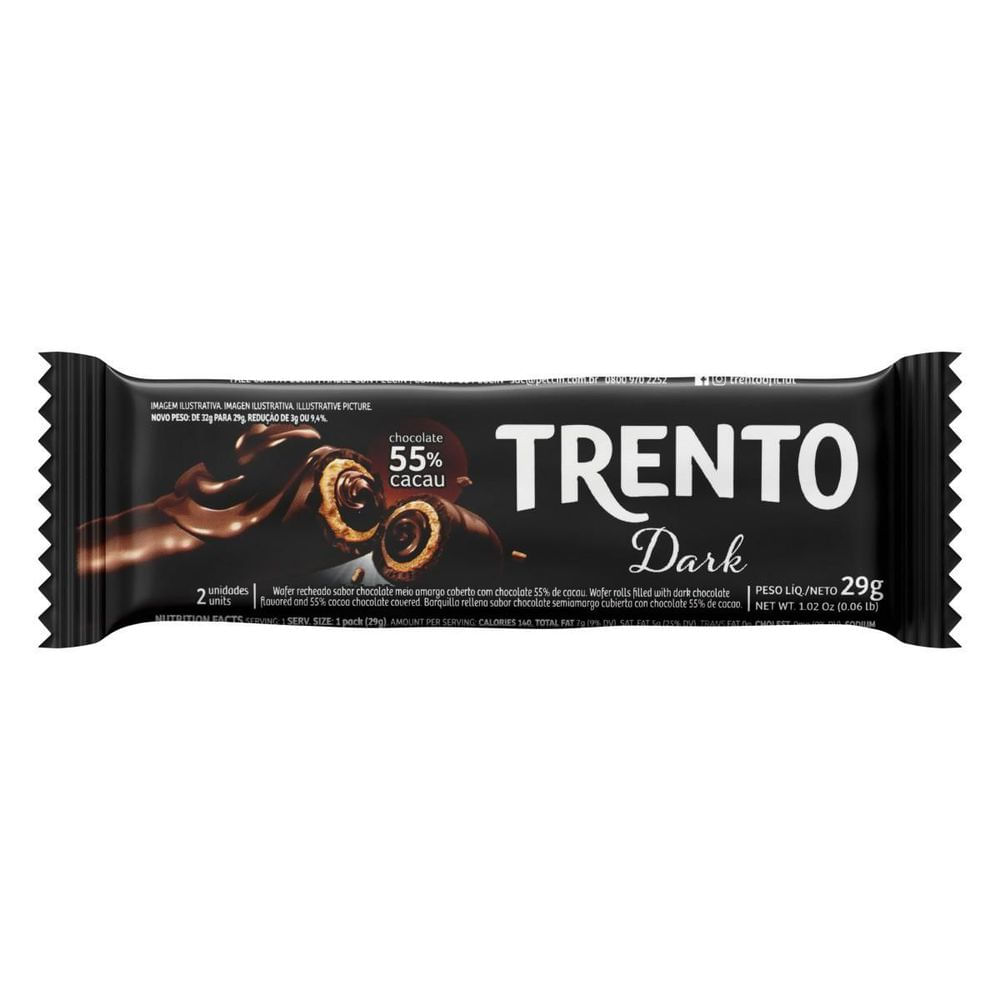 Wafer Recheado Chocolate Dark 55% Cacau Trento Peccin 29g Crocante