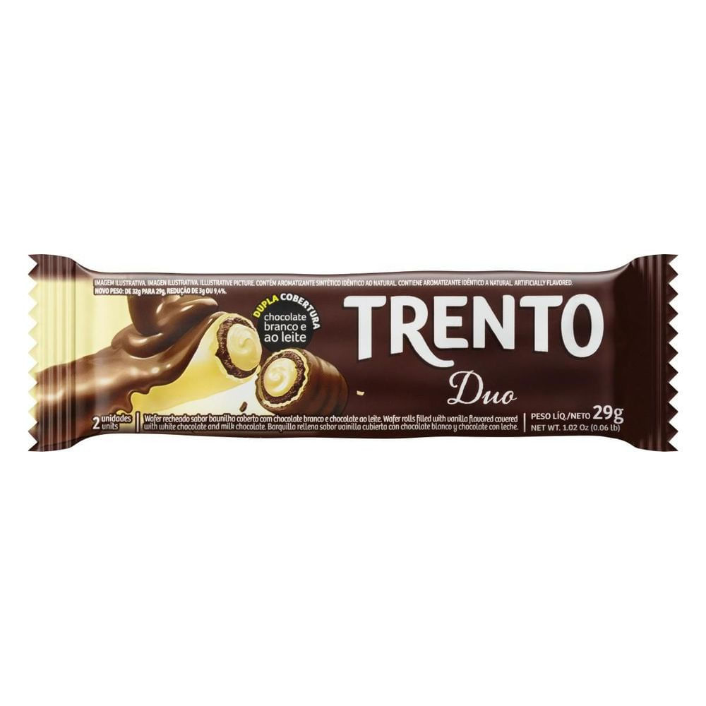 Wafer Recheado Chocolate Branco e ao Leite Trento 29g Peccin Duo