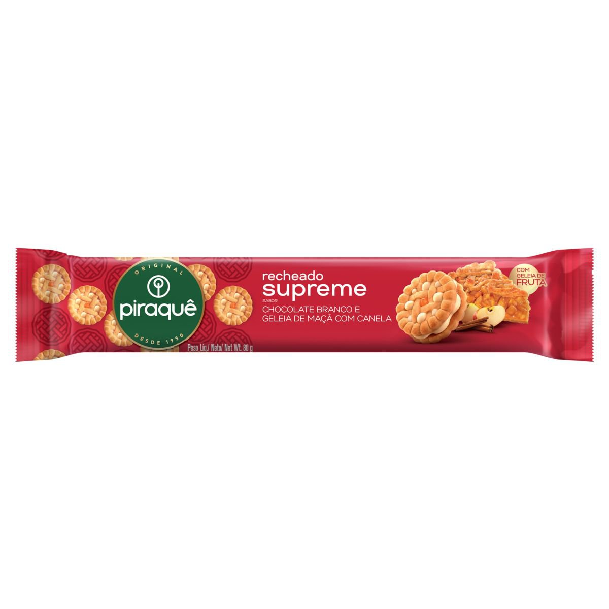 Biscoito Recheado Chocolate Branco Maçã e Canela Piraquê Supreme 80g Crocante
