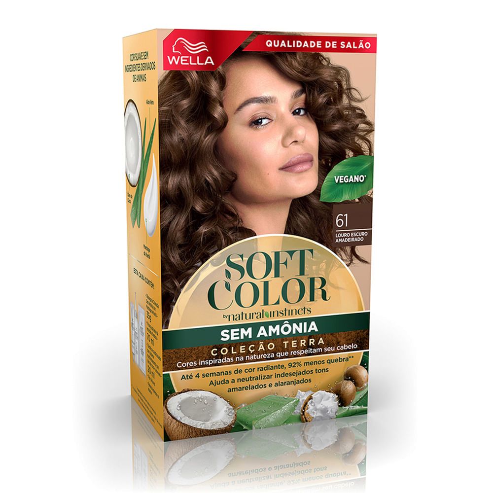 Coloração Sem Amônia Louro Escuro Amadeirado 61 Soft Color Wella Kit Vegano Matizador