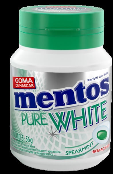 Goma de Mascar Pure White Spearmint Mentos 56g Garrafa Sem Açúcar