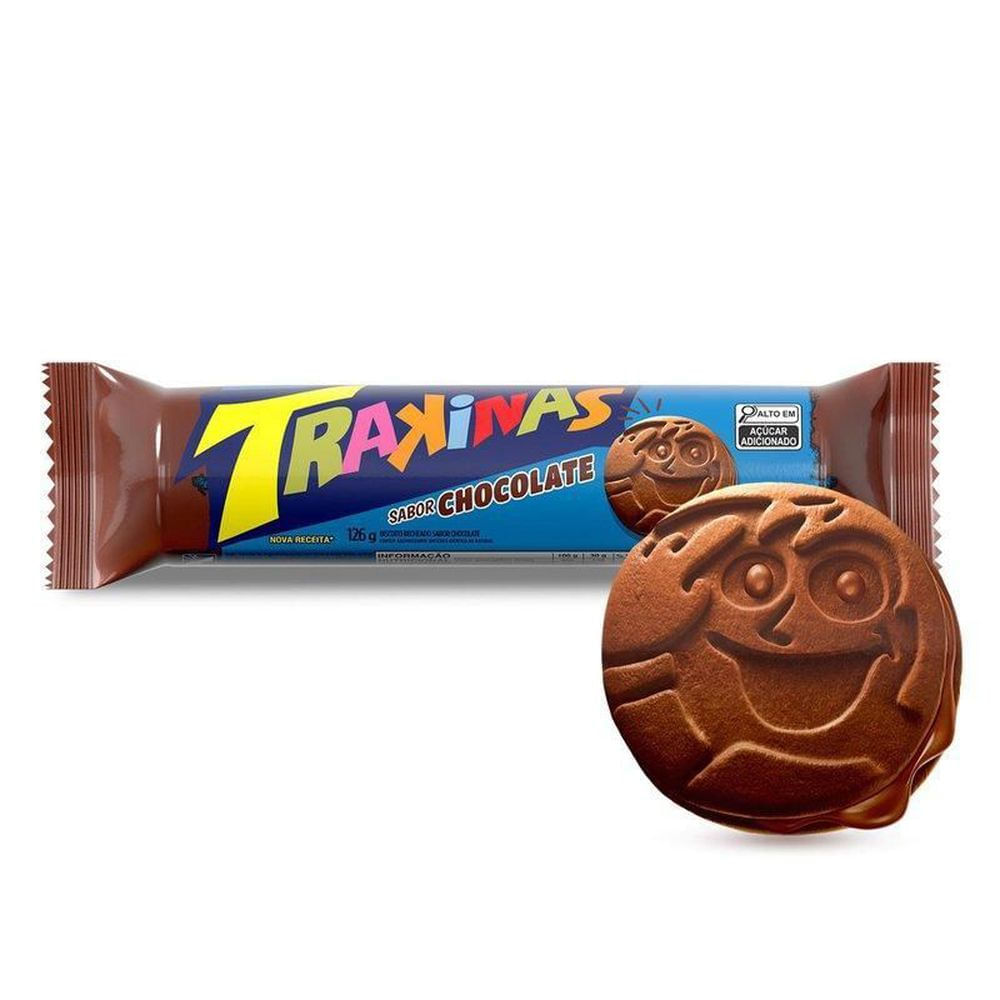 Biscoito Recheado Chocolate Trakinas 126g Pacote Crocante
