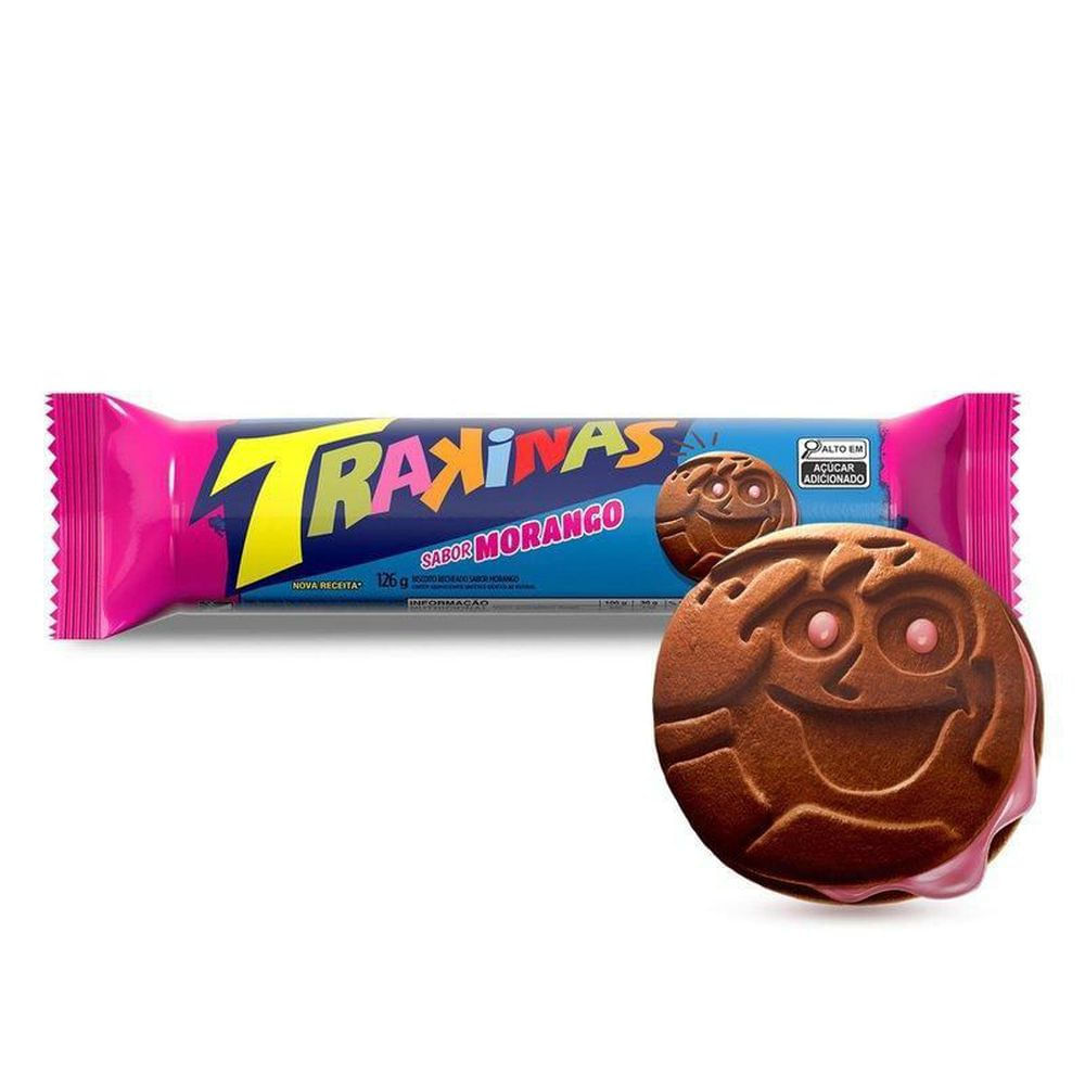 Biscoito Recheado Morango Trakinas 126g Chocolate Fonte de Cálcio