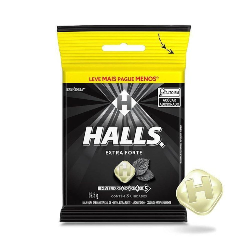 Bala Extra Forte Halls Pacote 3 Unidades Refrescante