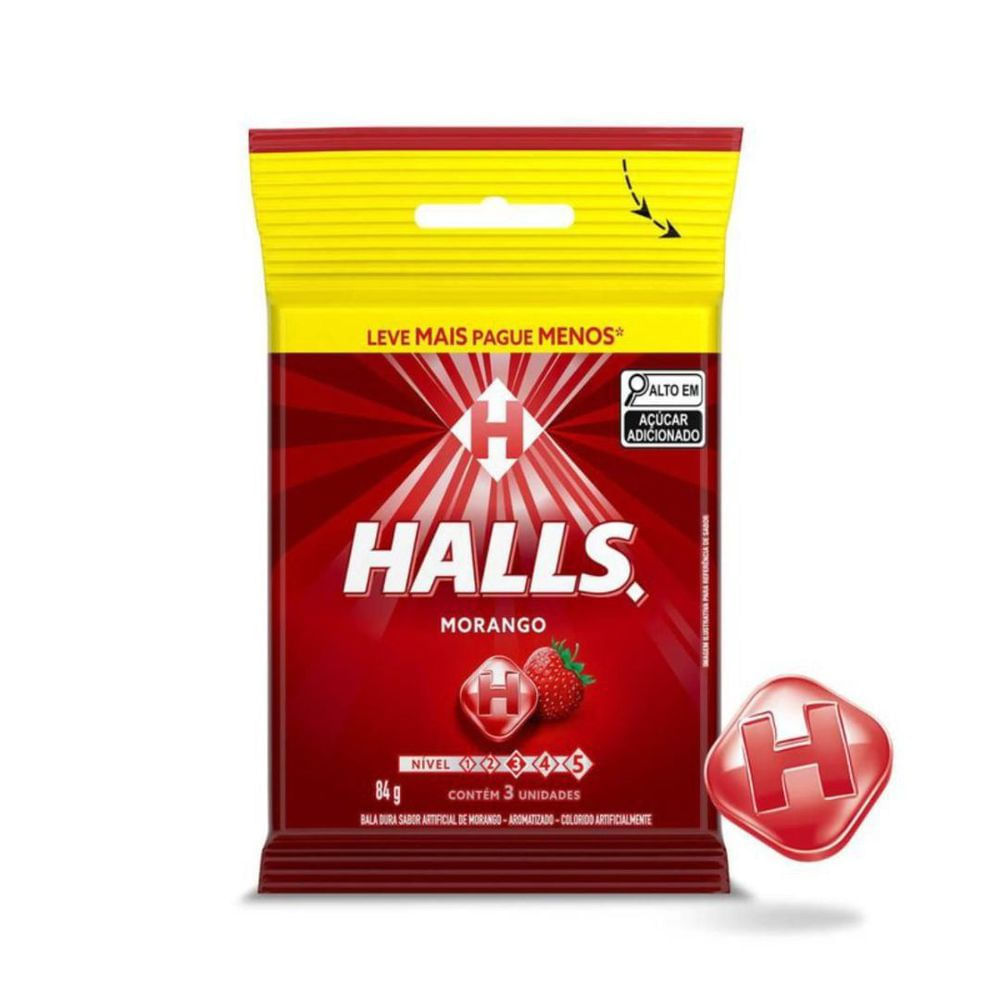 Bala Morango Halls 84g Pacote 3 Unidades Refrescante