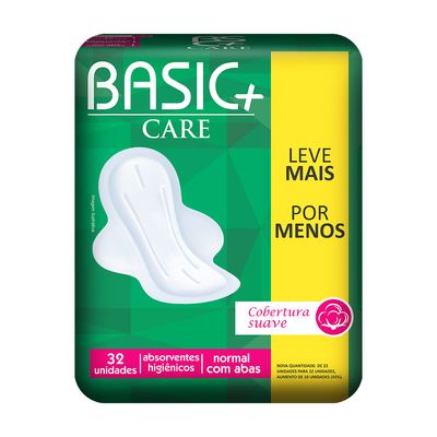Absorvente Feminino Basic Care Suave com Abas 32 Unidades Proteção Diária