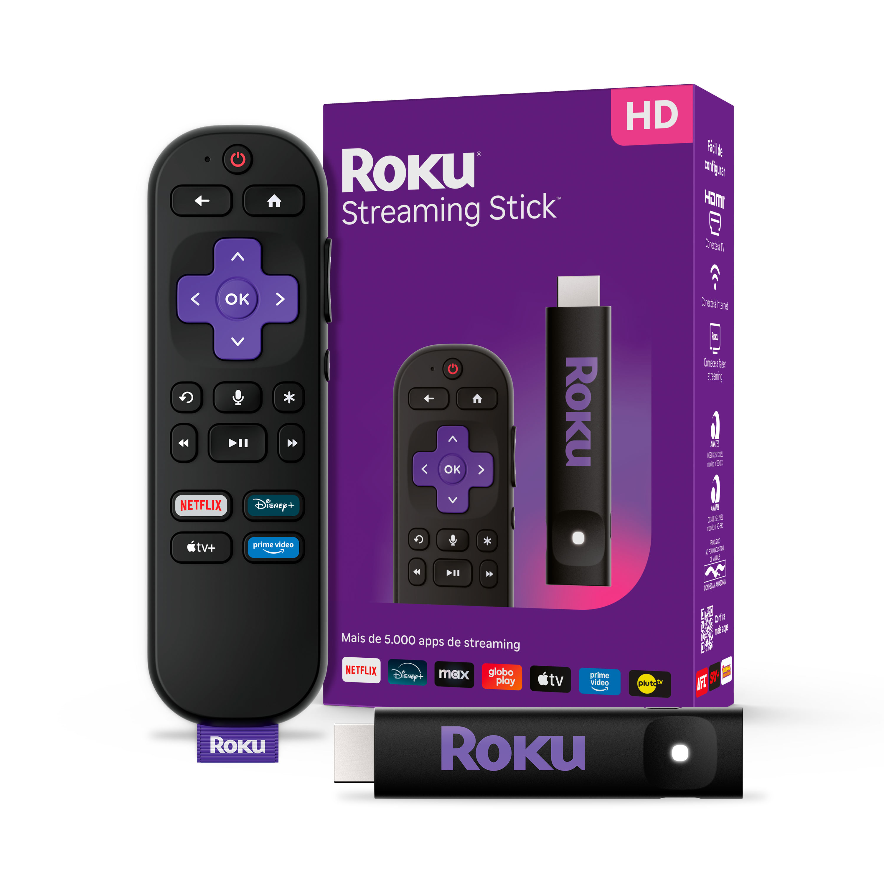 Dispositivo de Streaming Full HD Roku Streaming Stick 2025 3840BR Wi-Fi com Controle por Voz