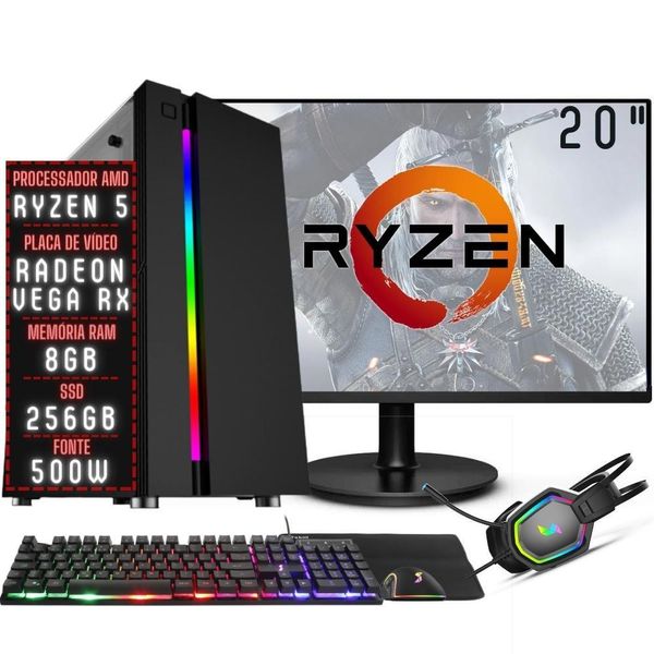 PC Gamer Completo 3green Force AMD Ryzen 5 8GB DDR4 Placa de vídeo Radeon RX SSD 256GB Monitor 20" 75Hz Fonte 500W 3GFO-025