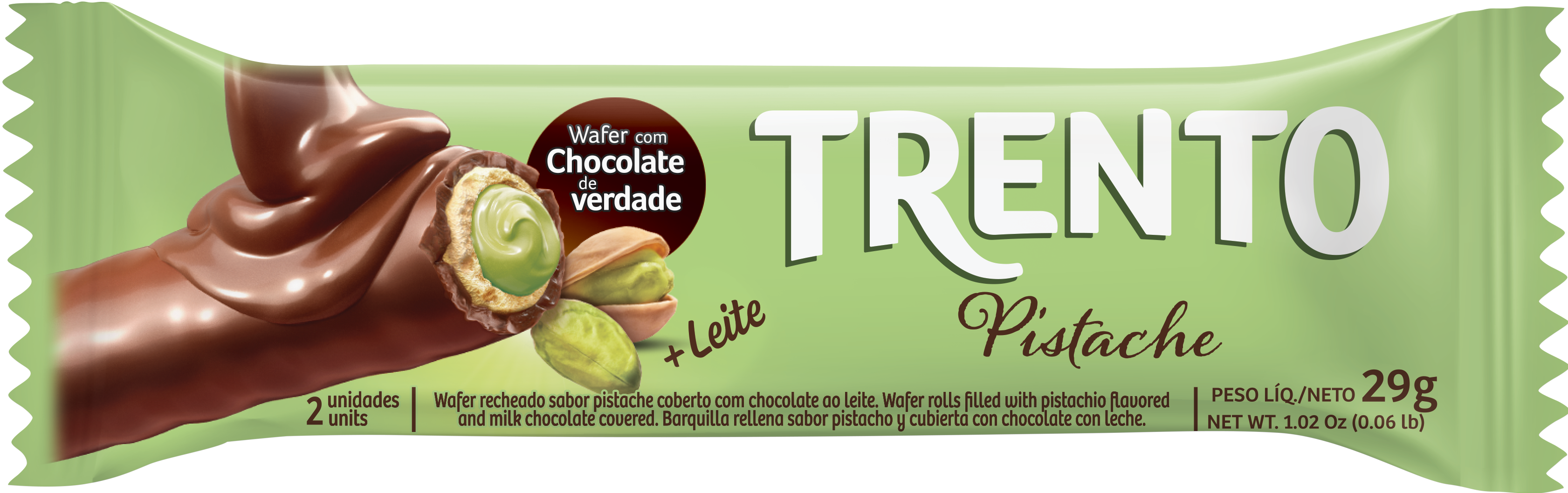 Wafer Recheado Pistache Trento 29g Chocolate 38% Cacau