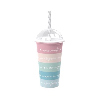 Copo Shake com Tampa e Canudo 500ml Plasútil Decorado Resistente