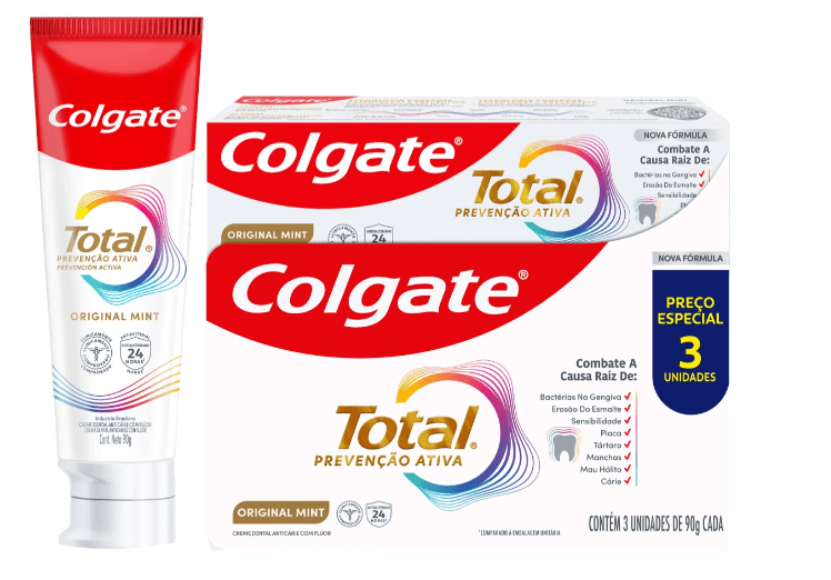 Creme Dental Prevenção Ativa Colgate Total Original Mint 90g Kit com 3 Unidades