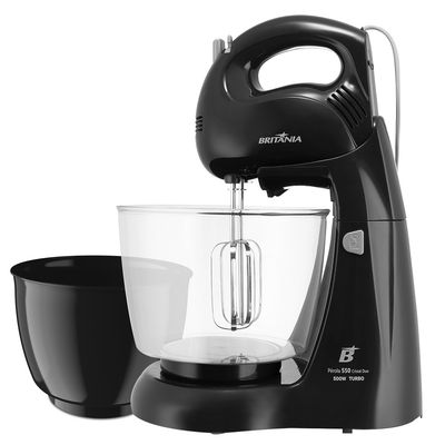 Batedeira Portátil Britânia Pérola 550 Cristal Duo Turbo 550W 110V Preta com 2 Tigelas
