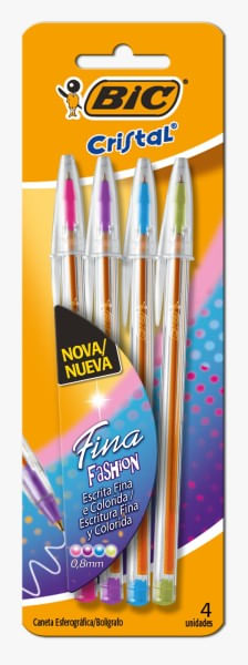 Caneta Esferográfica Cristal Fina 0.8mm 4 Unidades BIC Cores Fashion