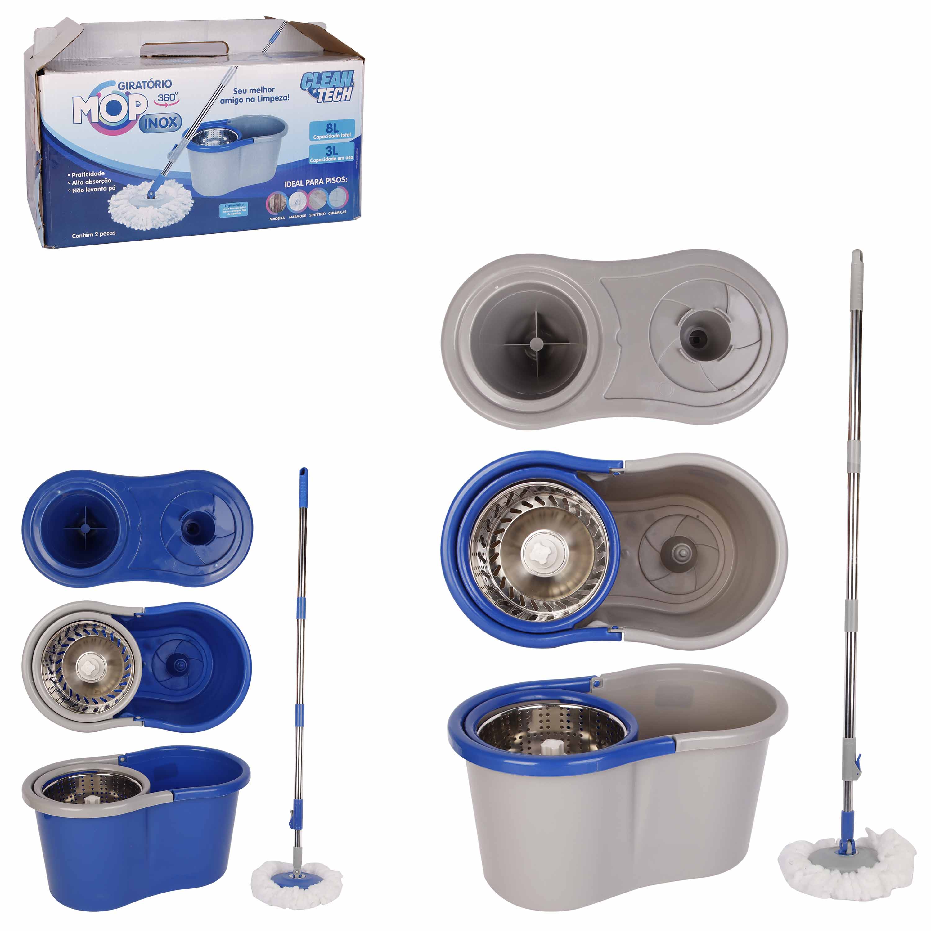 Mop Giratório 8L Clean Tech com Cesto Inox e Cabo Ajustável Articulável