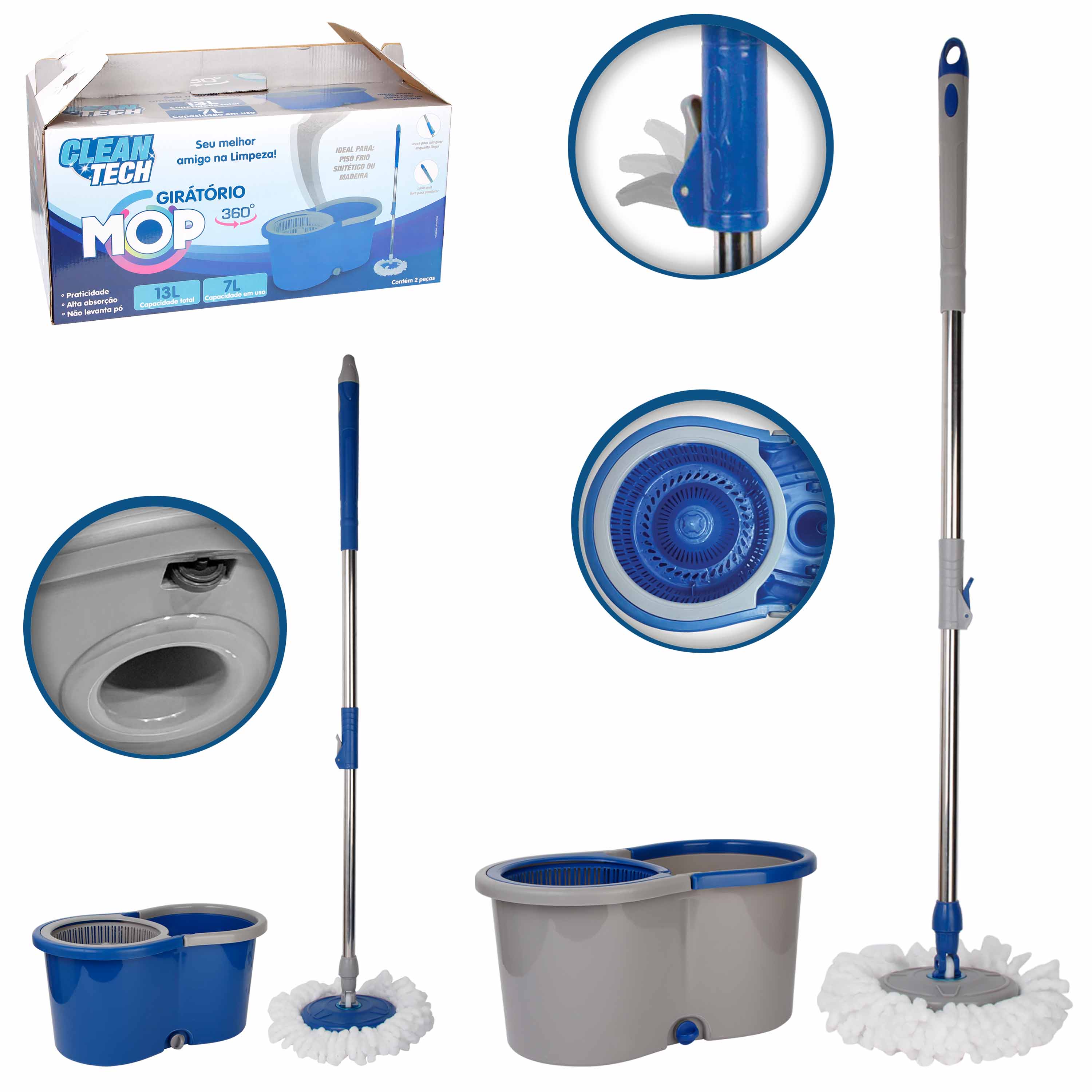 Mop Giratório Clean Tech 13L com Cesto Inox e Cabo Telescópico de Microfibra