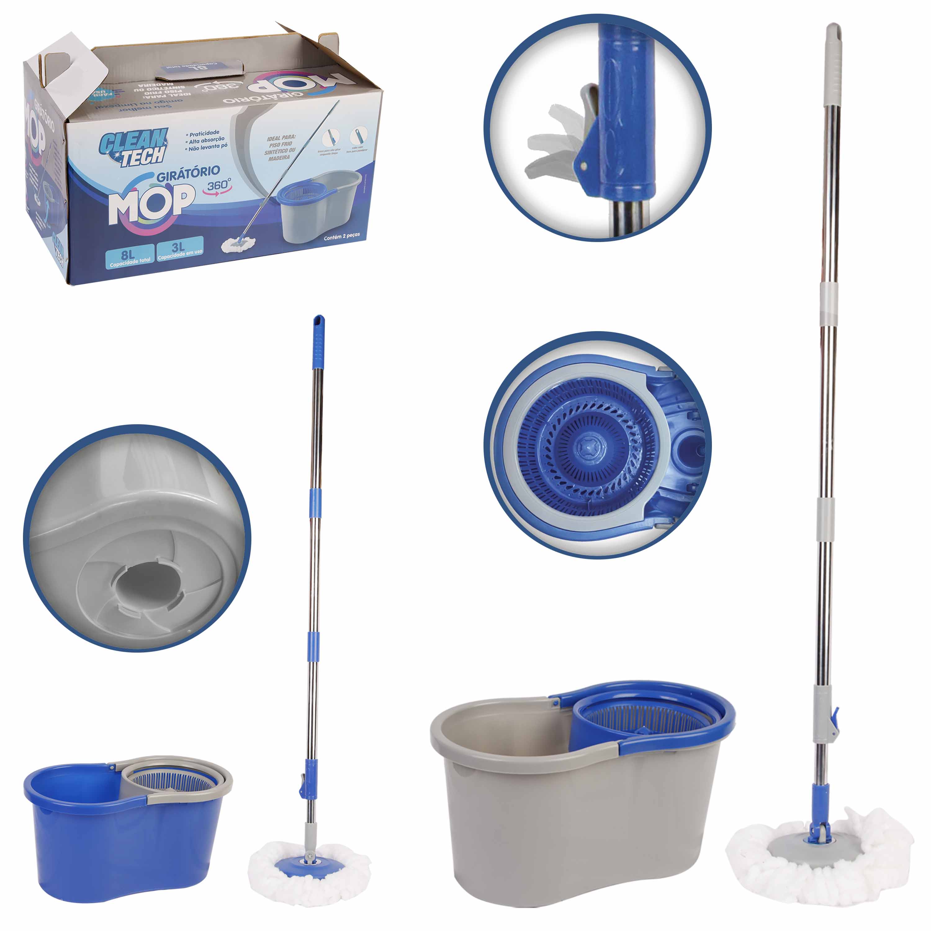 Mop Giratório Clean Tech 360 Articulável com Balde 8L e Cesto Inox