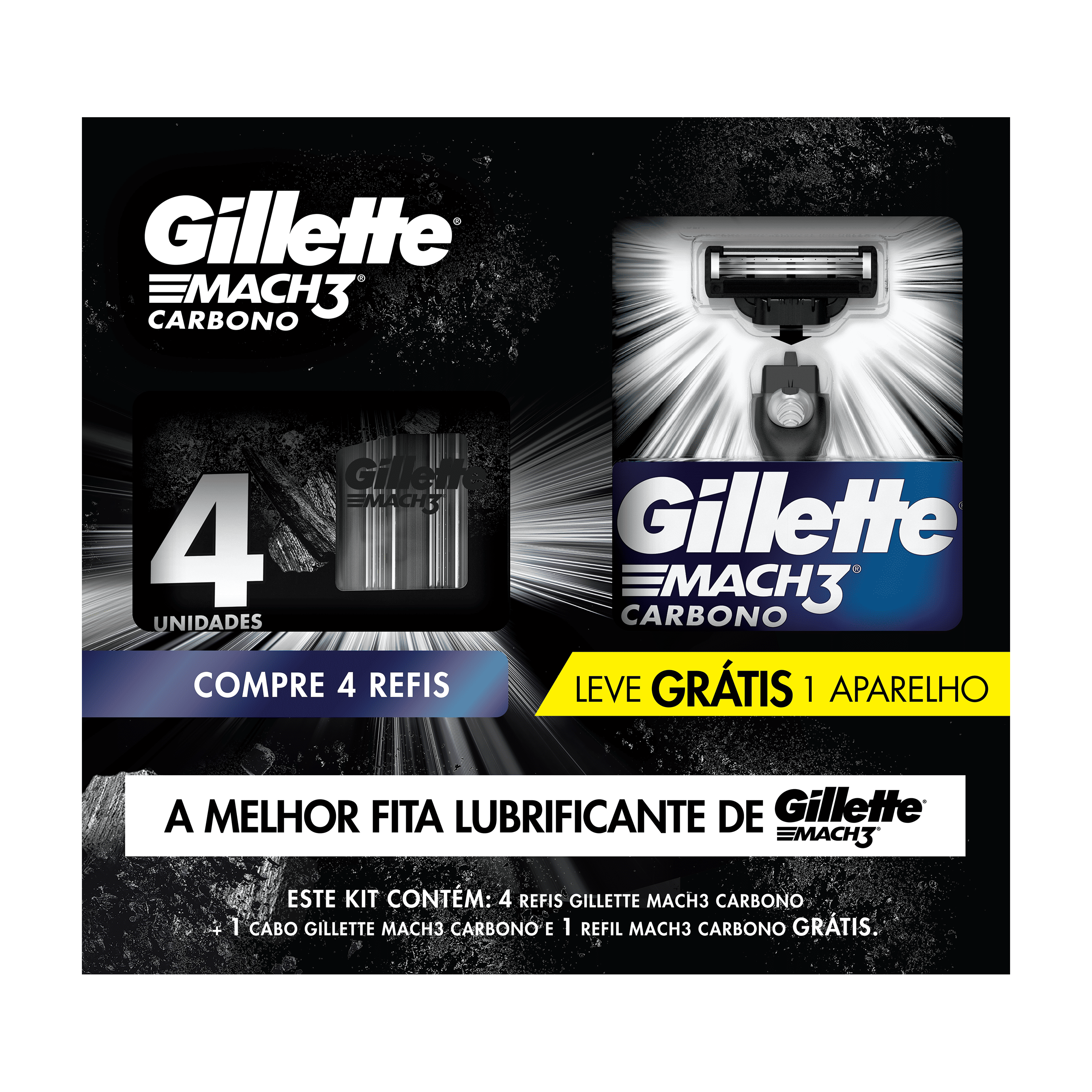 Refil Mach3 Carbono 4 Unidades Gillette com Aparelho Masculino Vegano
