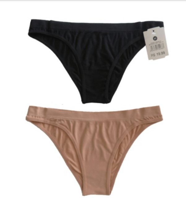 Kit 2 Calcinhas Biquíni Sem Costura Basic+ Poliamida Preto e Nude M