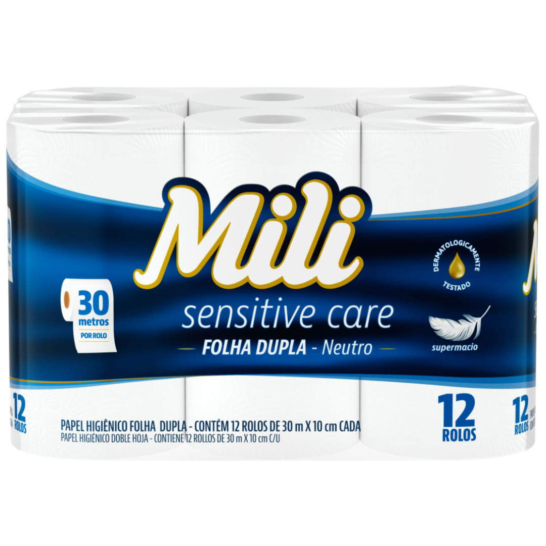 Papel Higiênico Folha Dupla Mili Sensitive Care Neutro 30m 12 Rolos