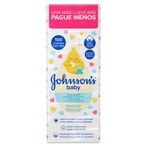 Algodão Quadrado Recém-Nascido Hipoalergênico Johnson's Baby 100un