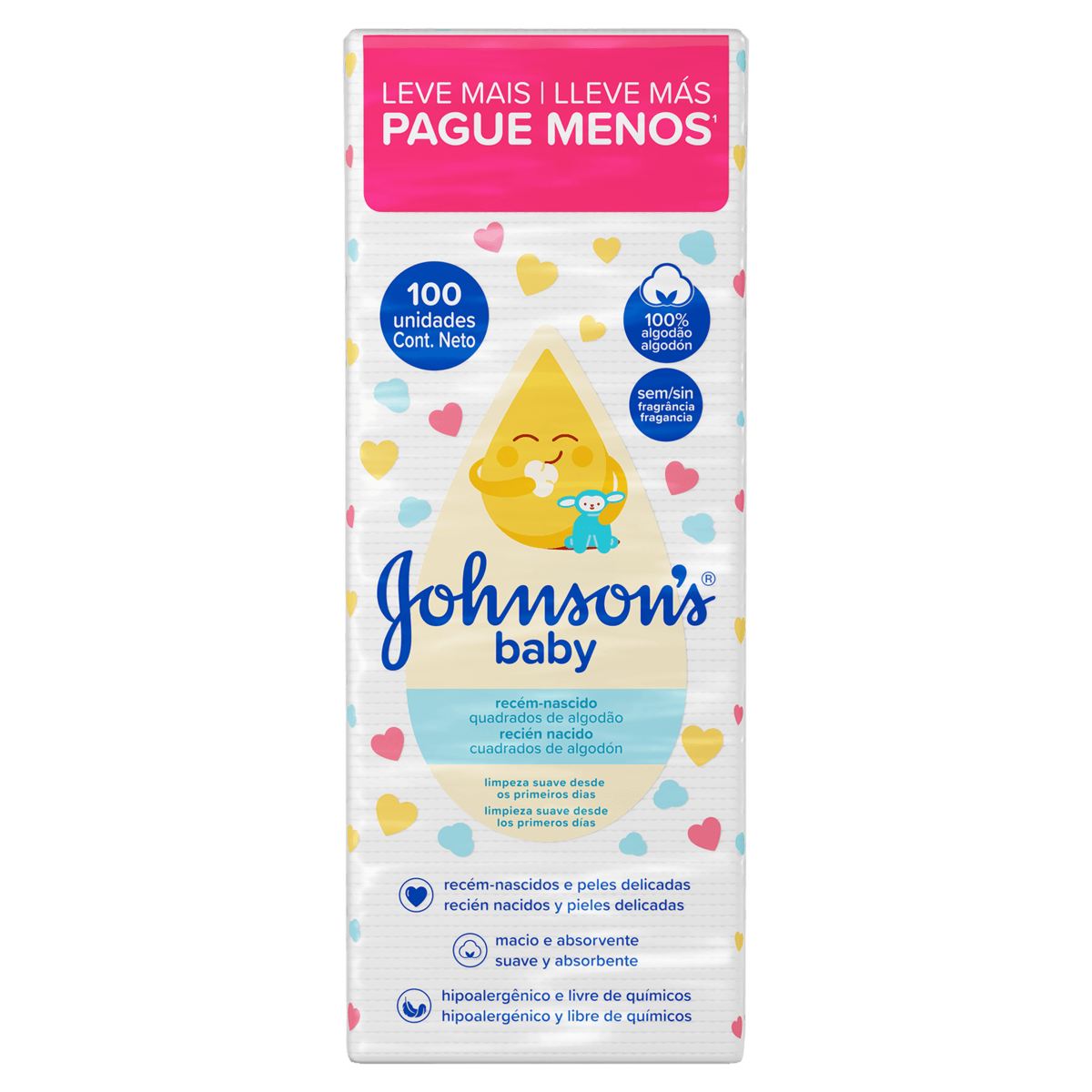 Algodão Quadrado Recém-Nascido Hipoalergênico Johnson's Baby 100un