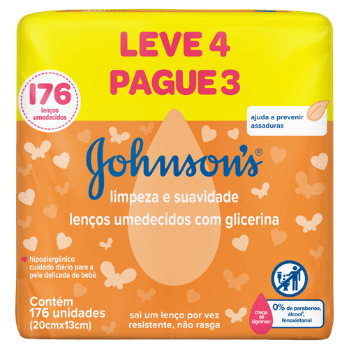 Lenço Umedecido Hipoalergênico Johnson's Baby Limpeza e Suavidade 176un