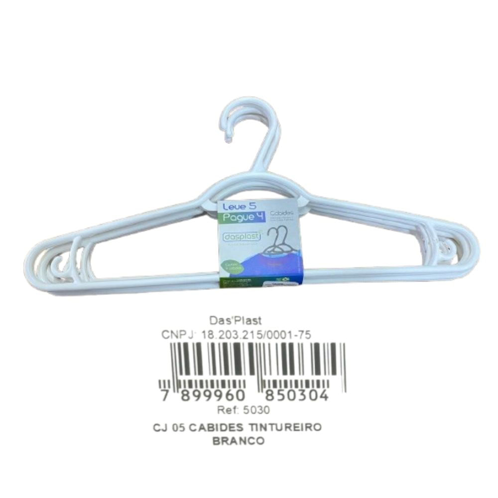 Conjunto de Cabides Plástico 5 Peças Dasplast Branco com Ganchos Laterais