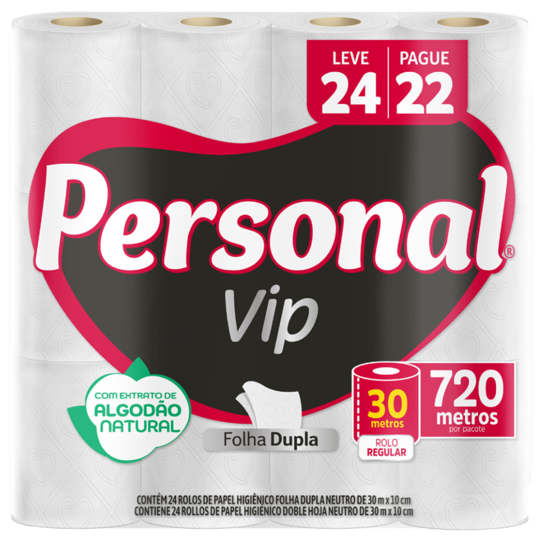 Papel Higiênico Neutro Personal VIP Compacto 30m 24 Rolos Toque Macio Fibras Naturais