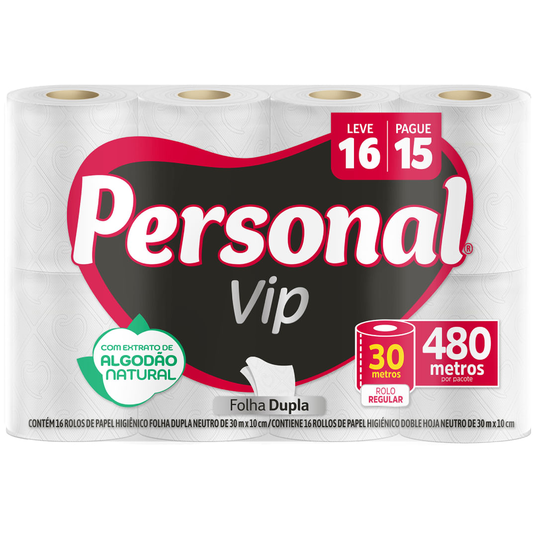 Papel Higiênico Folha Dupla Personal VIP 30m 16 Rolos Neutro Compacto Macio