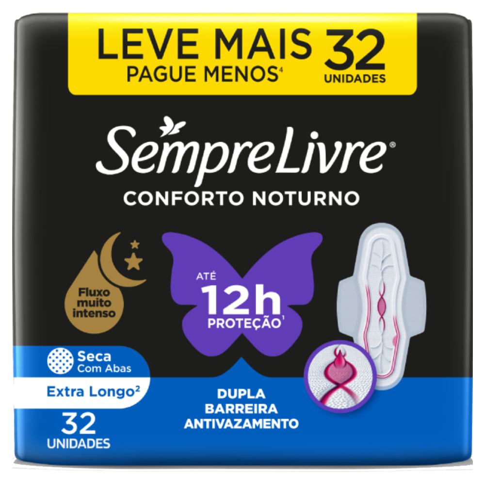 Absorvente Proteção Íntima Sempre Livre Conforto Noturno Seca com Abas 32 Unidades