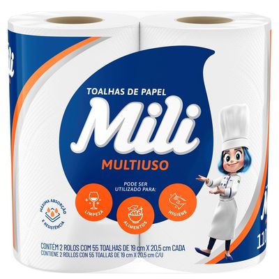 Toalha de Papel Mili 2 Rolos (2x55) 110 Folhas 100% Celulose Virgem Alta Absorção