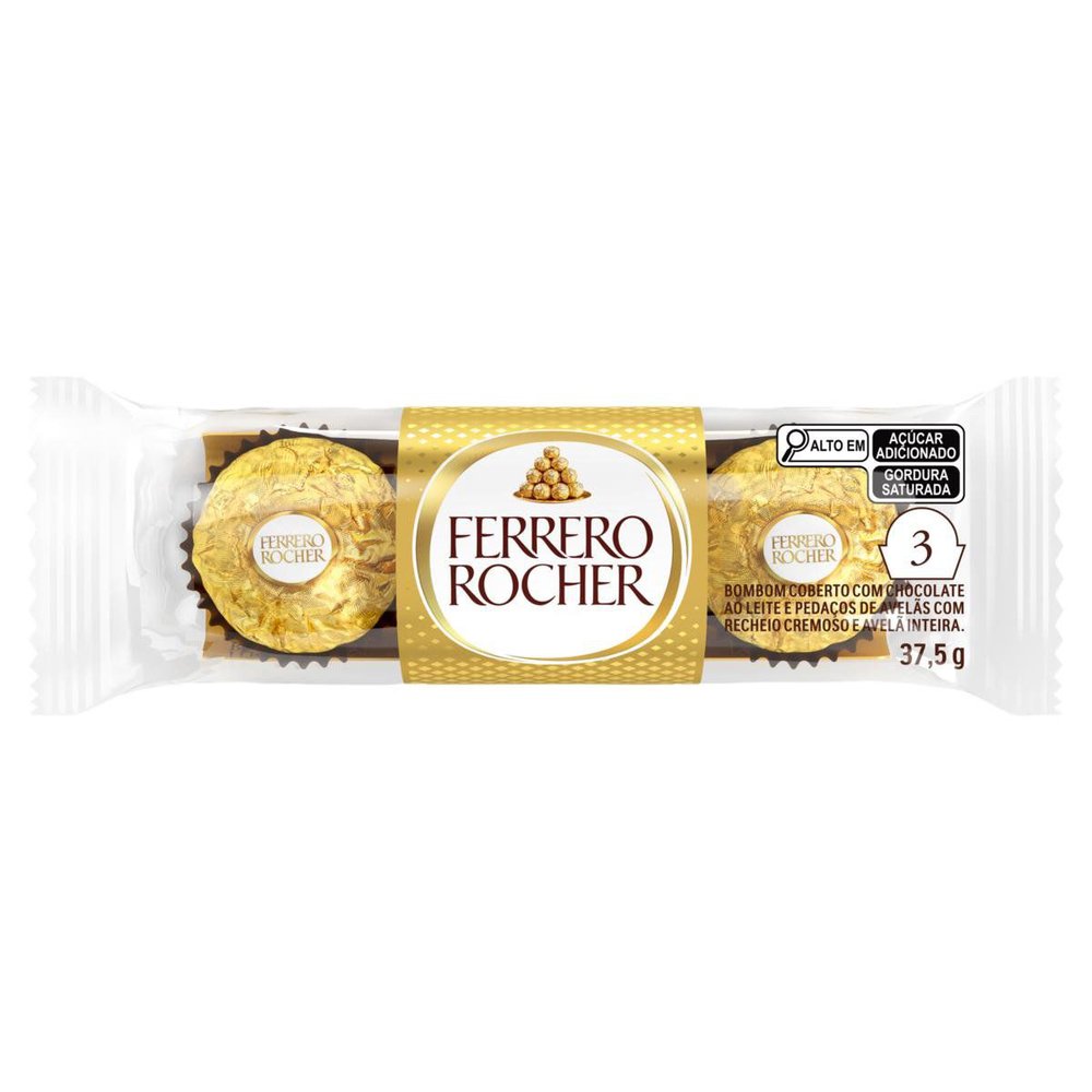 Bombom Avelã Ferrero Rocher 37,5g 3 Unidades Embalagem Dourada