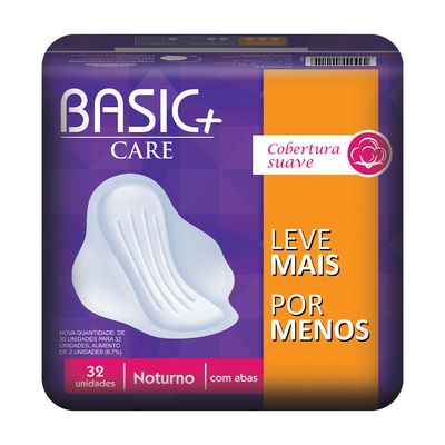 Absorvente Noturno com Abas BASIC+CARE 32 Unidades Basic+ Fluxo Intenso