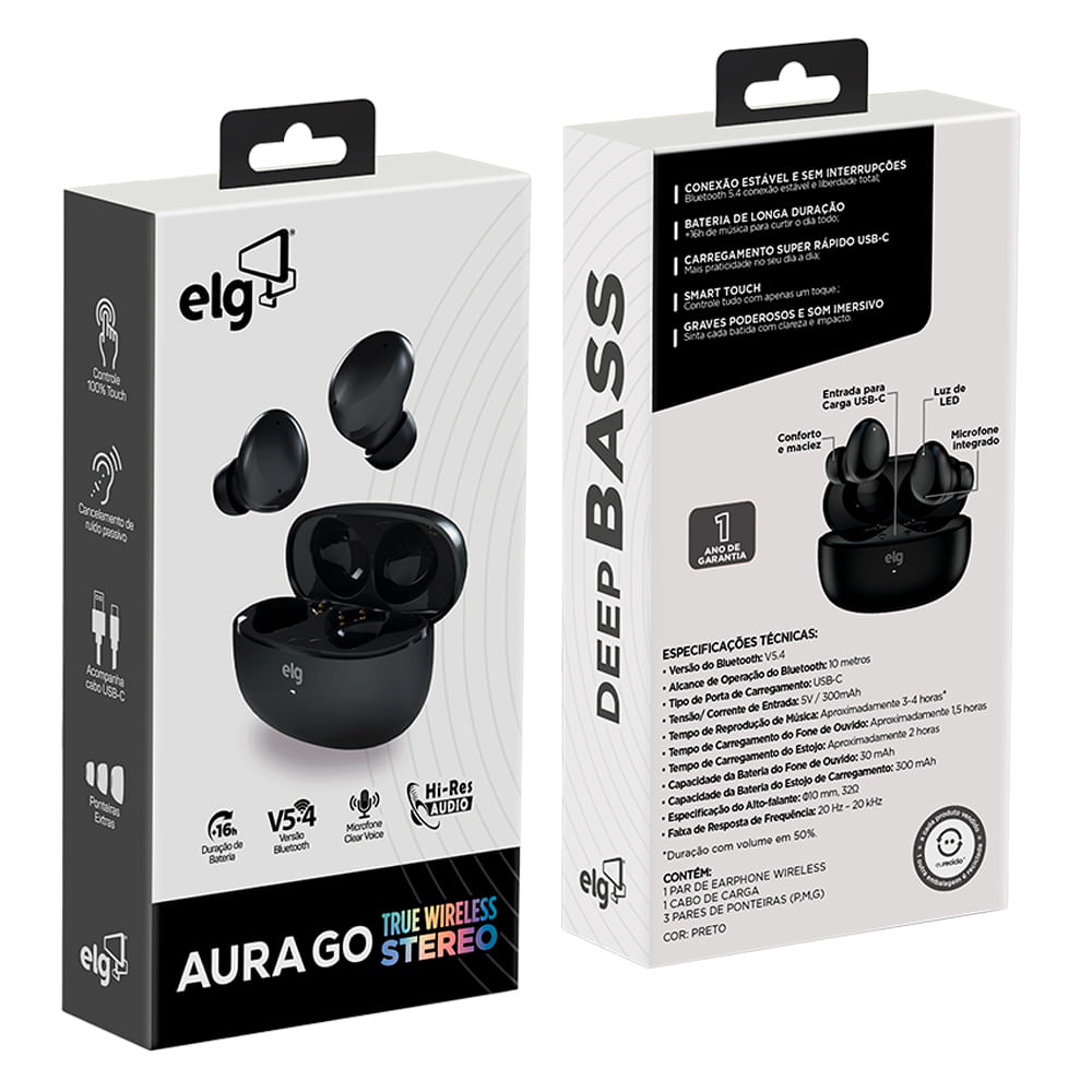 Fone de Ouvido Bluetooth Sem Fio ELG TWS-ARGOBK Preto