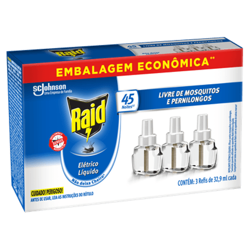Repelente Elétrico Líquido Raid 45 Noites Refil sem Fragrância 32,9ml Kit 3 Unidades