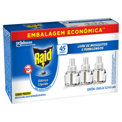 Repelente Elétrico Líquido Raid 45 Noites Refil sem Fragrância 32,9ml Kit 3 Unidades