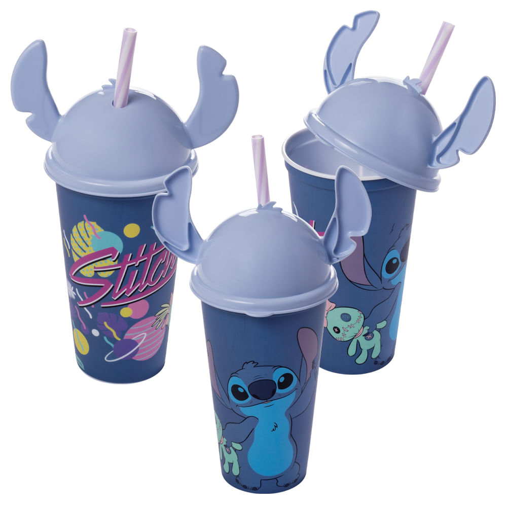 Copo com Tampa e Canudo Stitch 500ml Plasútil