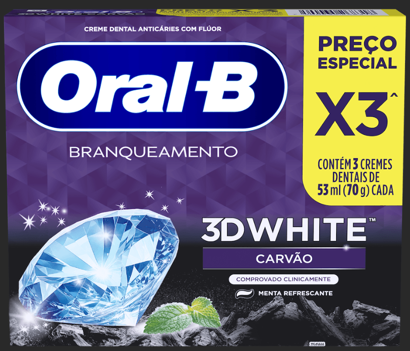 CREME DENTAL ORAL B 3D WHITE CARVAO 70G COM 3 UNIDADES