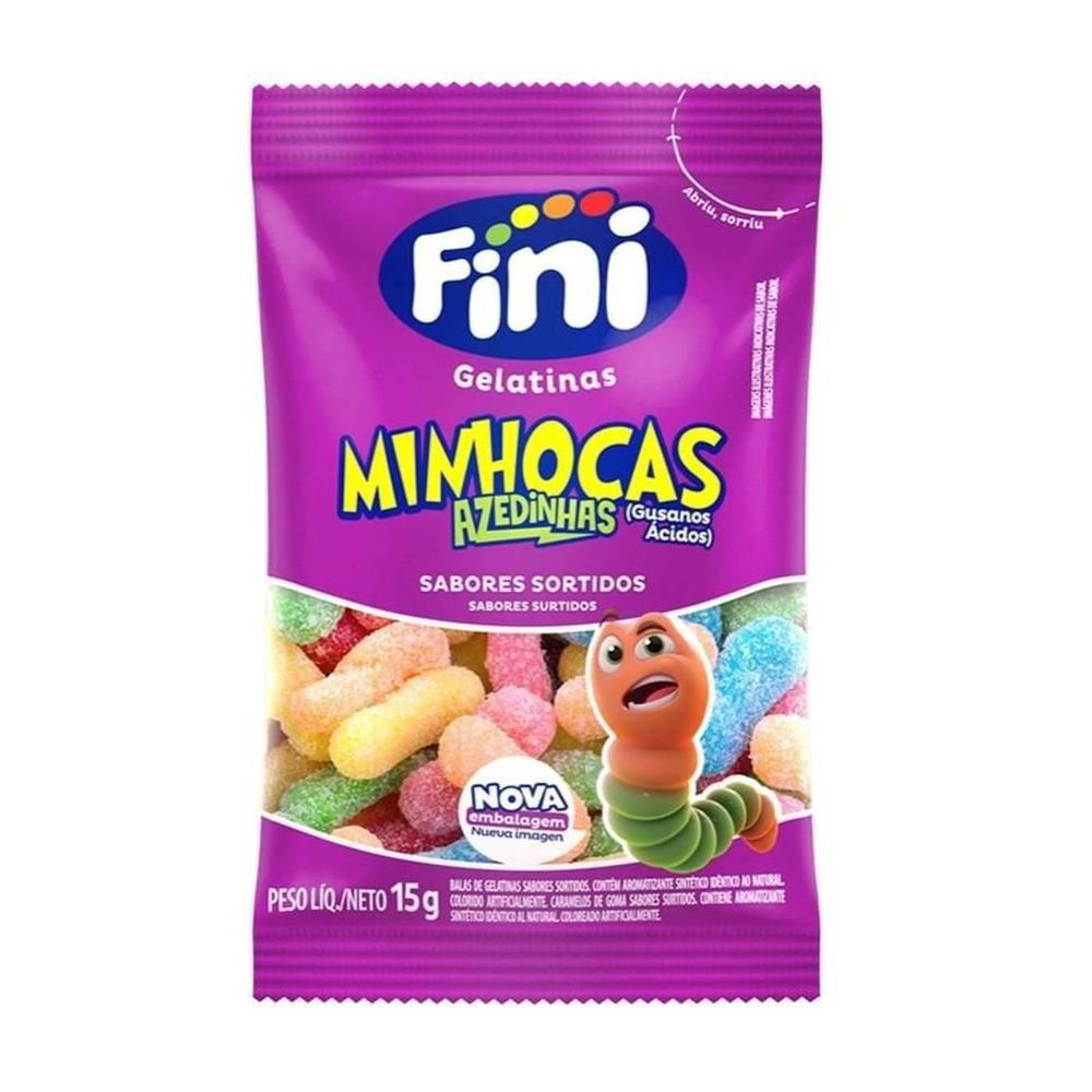 Bala de Gelatina Minhoca Cítrica Fini 15g Sem Glúten