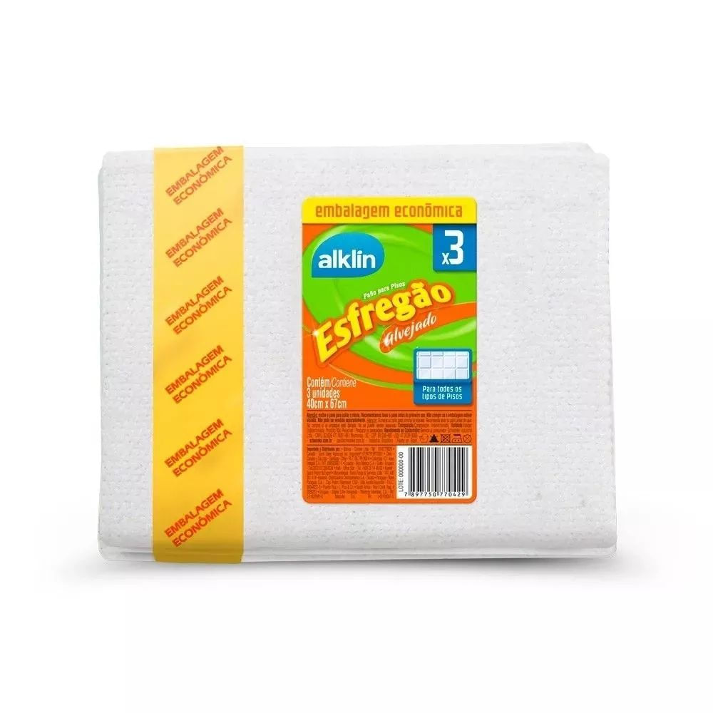 Pano de Limpeza Alvejado Alklin Esfregão 40x67cm 3 Unidades