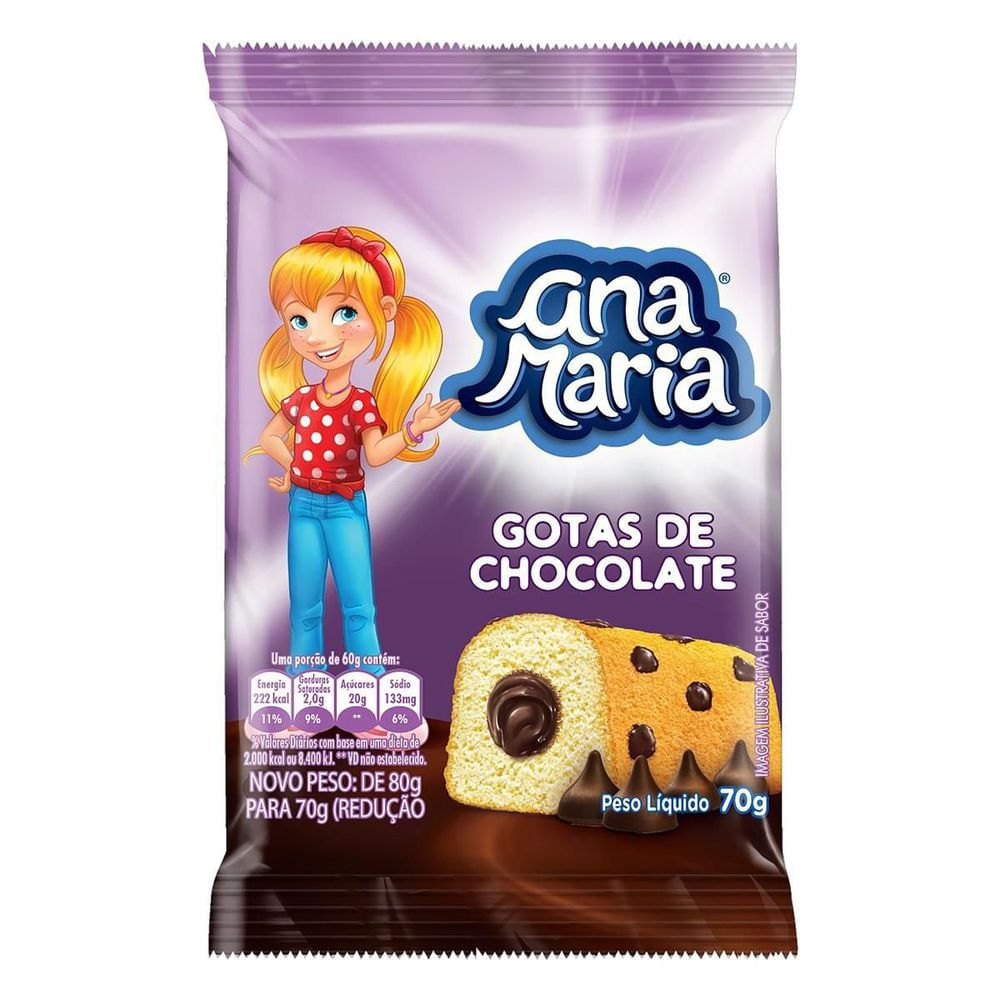 Bolo Baunilha com Gotas e Recheio Chocolate Bauducco 70g 2 Unidades Macio