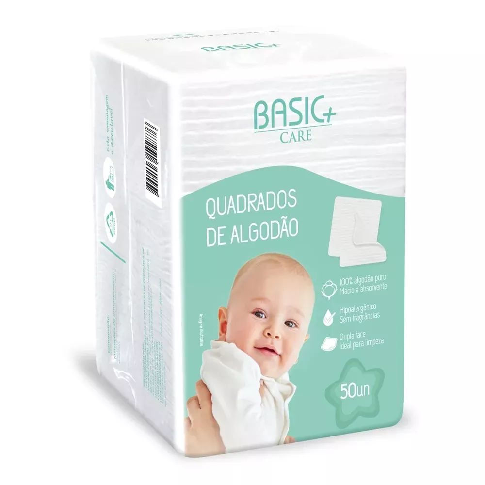 Algodão Higiene Infantil Basic + Care Quadrado Baby 50 Unidades