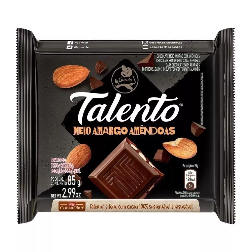 Chocolate Garoto Talento Meio Amargo com Amêndoas 85g Crocante