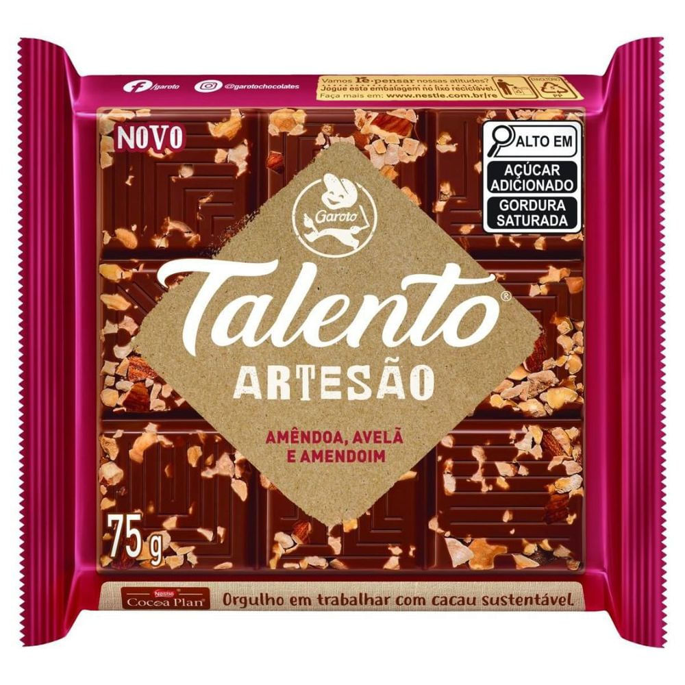 Garoto Barra Chocolate ao Leite com Amêndoa, Avelã e Amendoim Talento Artesão 75g
