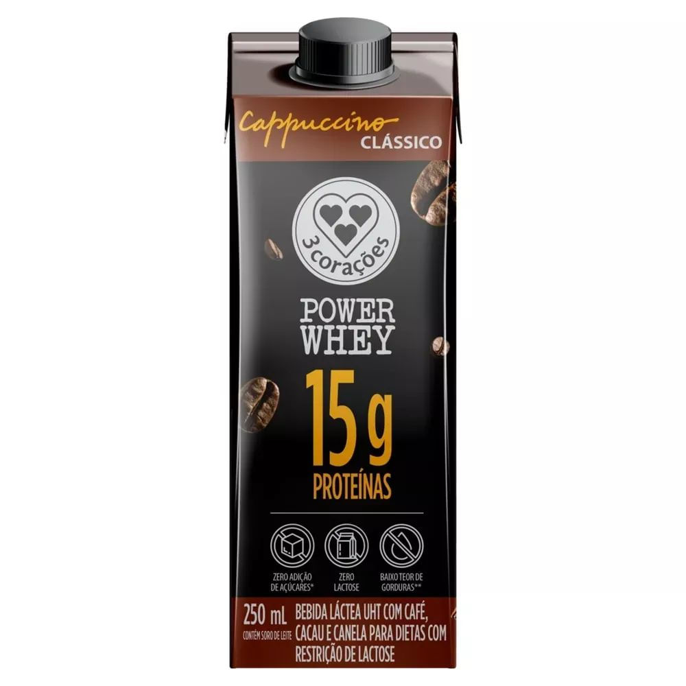 Bebida Láctea Cappuccino Clássico 3 Corações Power Whey 250ml Zero Lactose