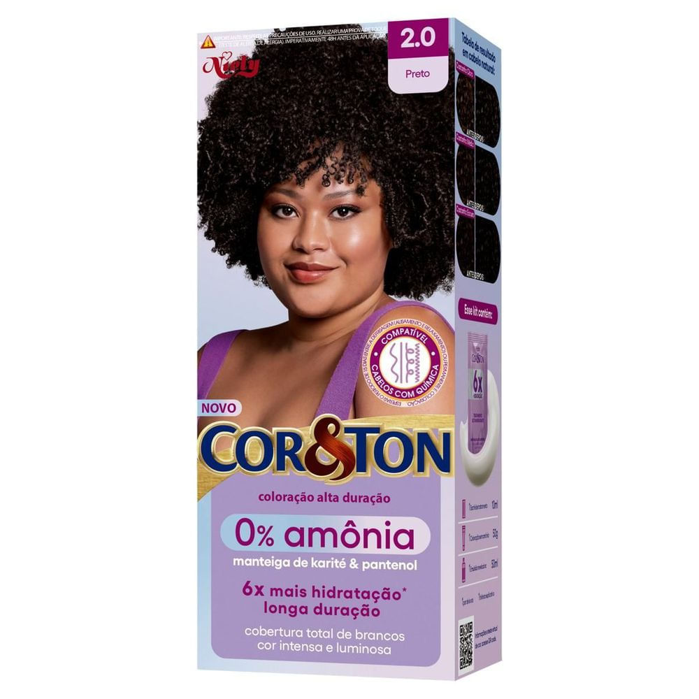 Kit Tintura Creme Cor 2.0 Preto Niely Cor&Ton sem Amônia Hidratação Profissional