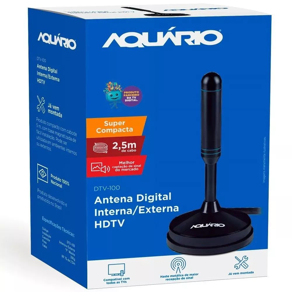 Antena Digital Interna 4K Aquário DTV-100 HDTV VHF UHF FM Preto